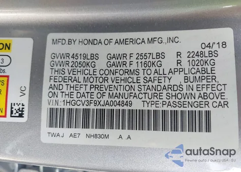 2018 Honda Accord Hybrid Touring из США, поврежденный, VIN 1HGCV3F9XJA004849